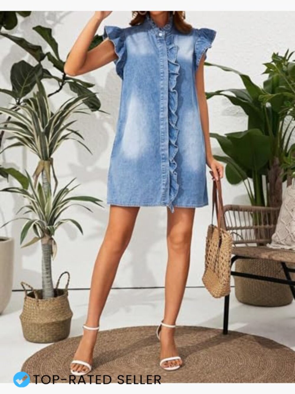 Denim Button Down Mini Dress Ruffle Sleeve Loose Fit Casual Summer - Picture 6 of 7